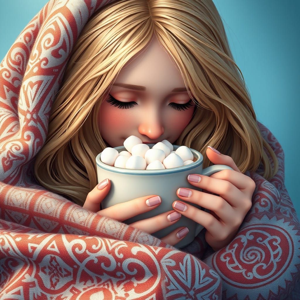 Golden Girl Snuggles Under Mystical Blanket with Hot Chocola...