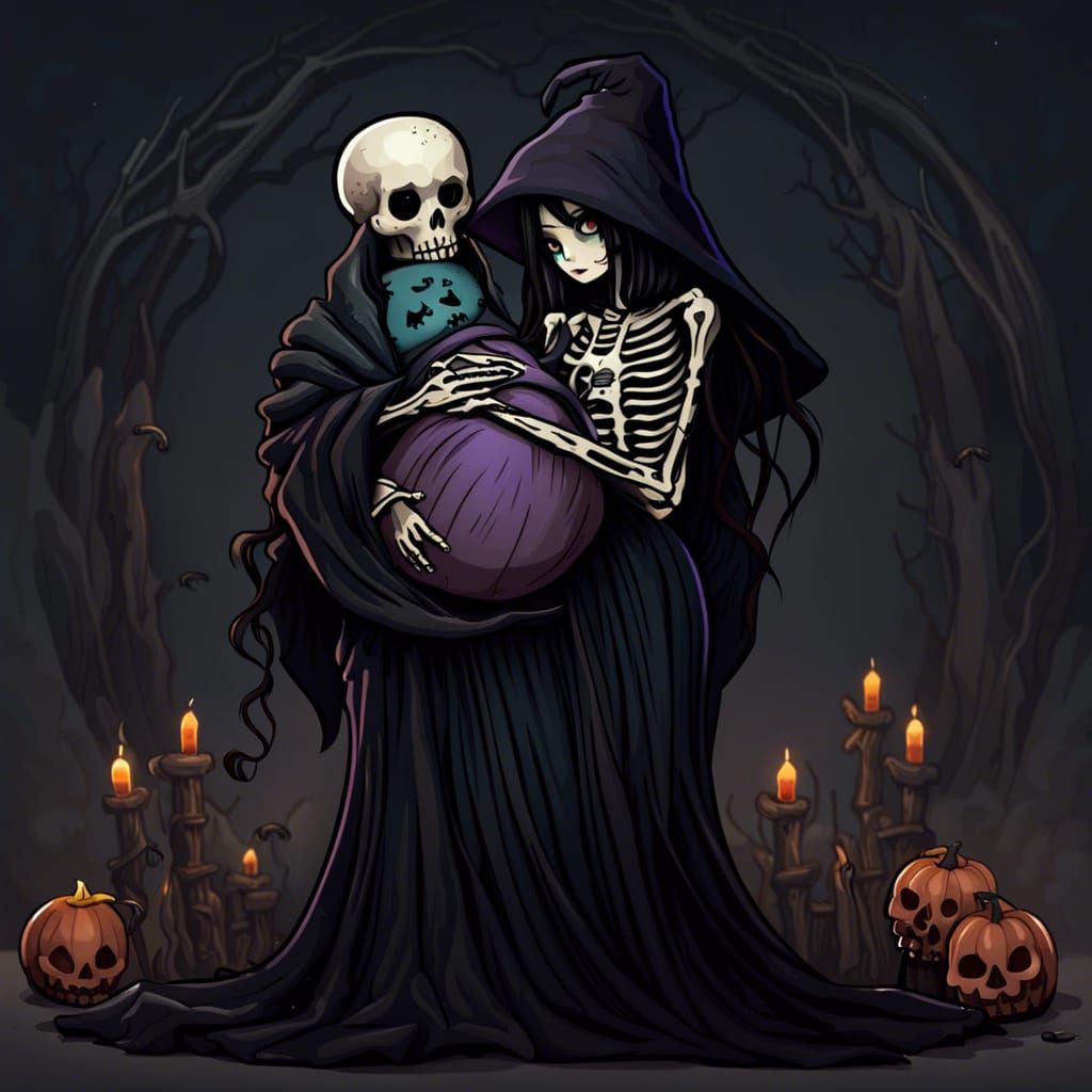 Pregnant Witch Hugs Skeleton in Dark Fantasy Art