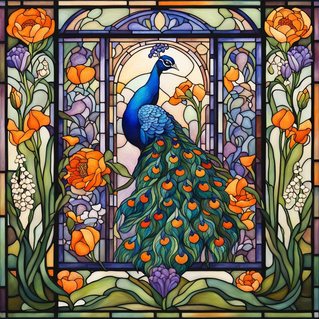Art Nouveau Stained Glass Peacock Gouache Masterpiece