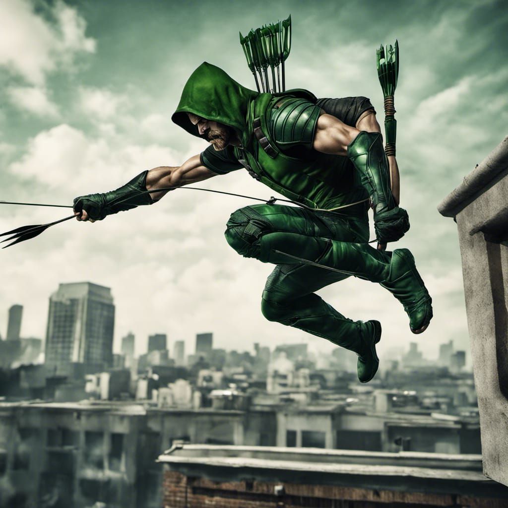 Green Arrow Character Jumps from Roof: Hyperrealistic HDR