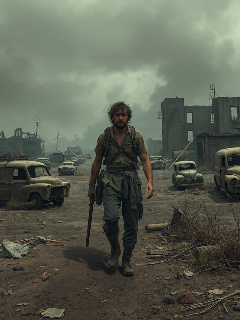 Weary Survivor in Desolate Post-Apocalyptic Wasteland