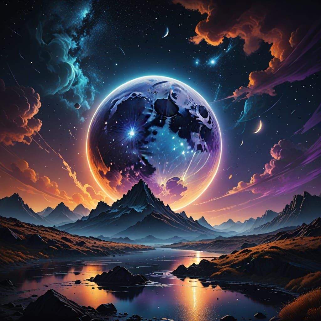 Ethereal Lunar Moon in Starry Night Sky