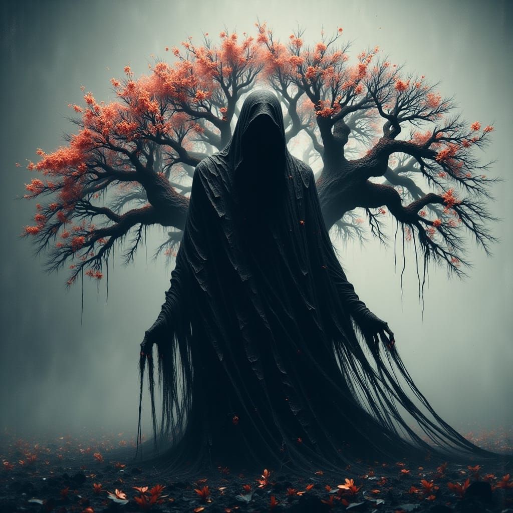 Gothic Death Figure Confronts Tree of Life