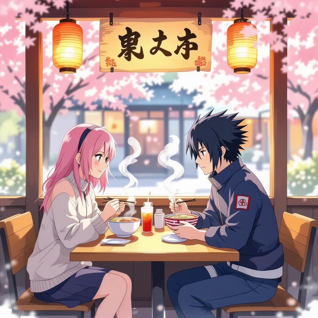 Sakura and Sasuke Enjoy Ramen, Watercolor Style