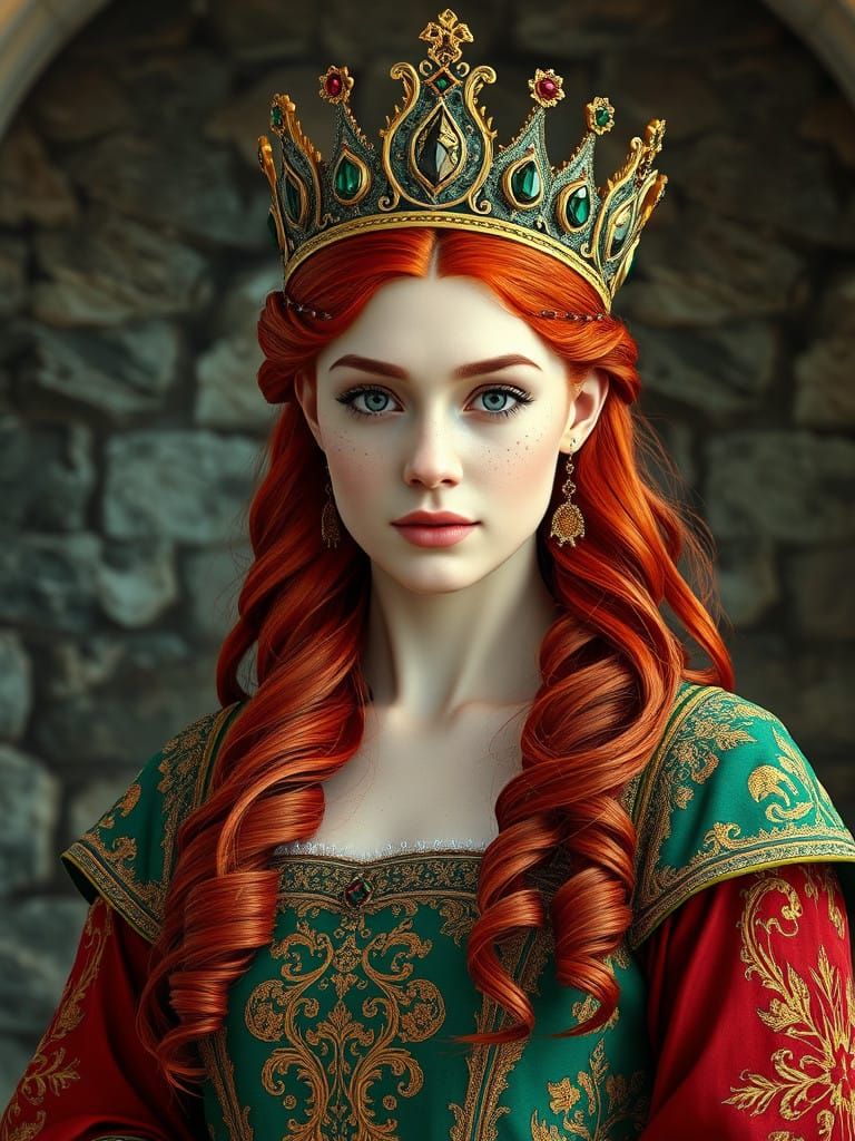 Regal Red-haired Queen in Medieval Elegance