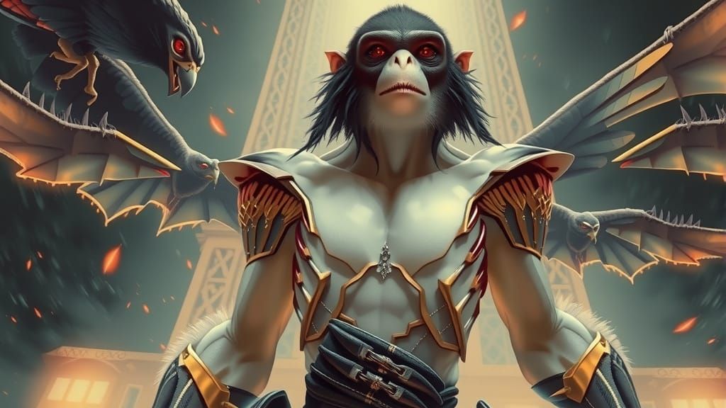 Falcon Pursues Bald Spider Monkey Through Grey Mist