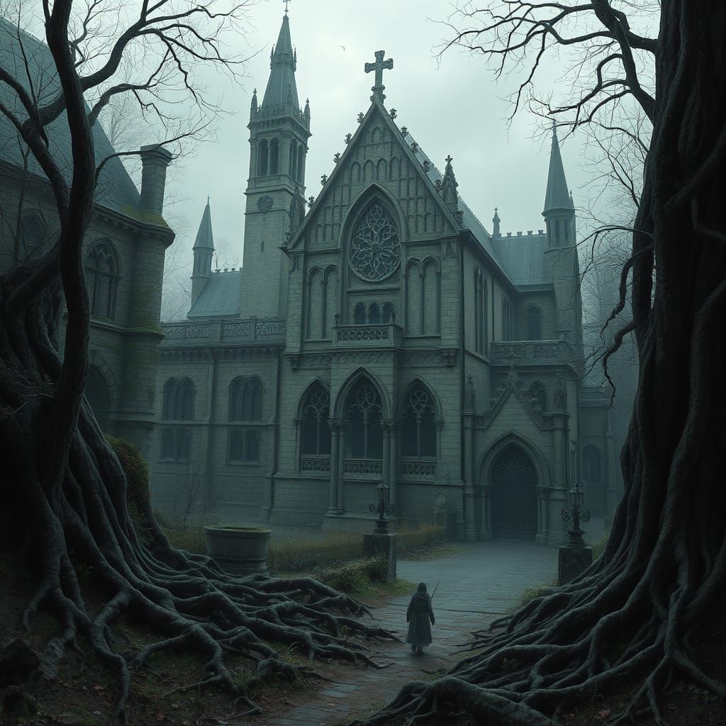 Ominous Gothic Architecture in Dark Horror Style