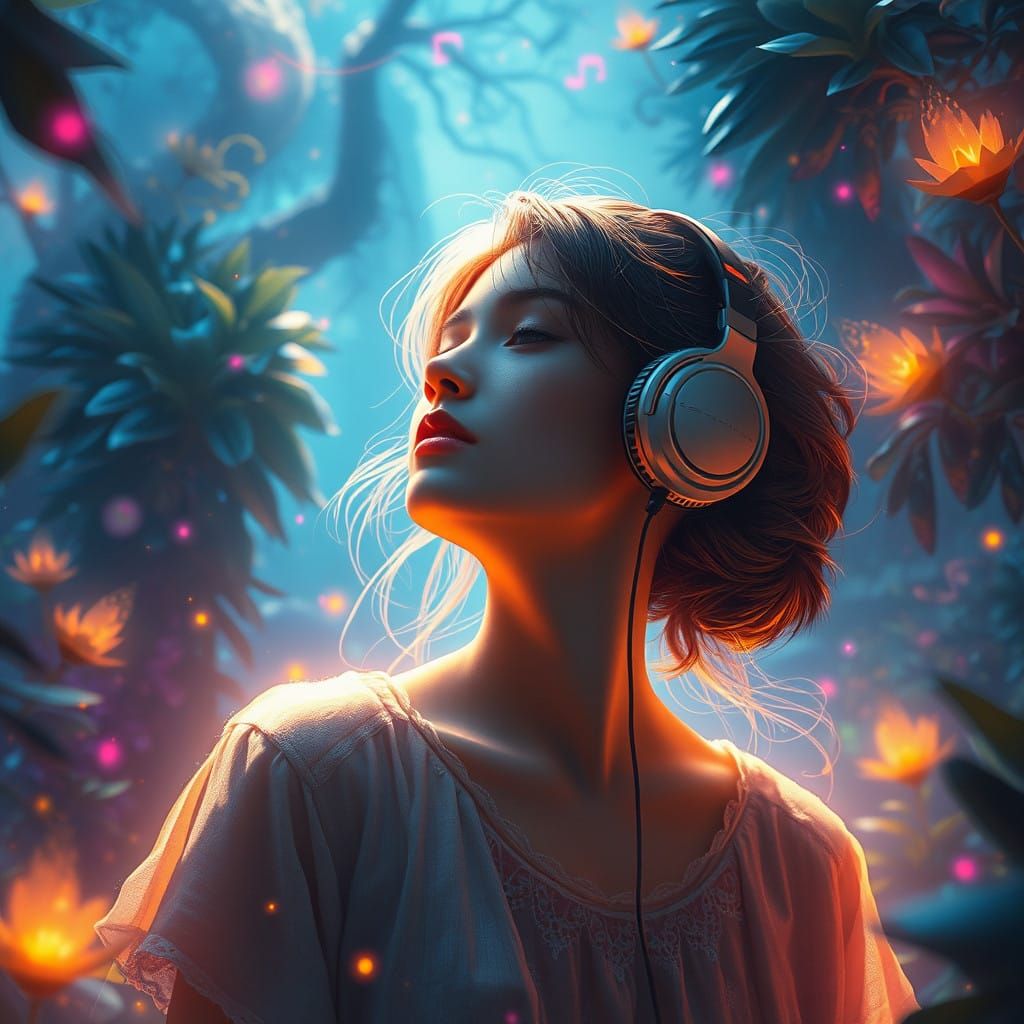 Girl Lost in Rhythmic Reverie Amidst Dreamlike Fantasy