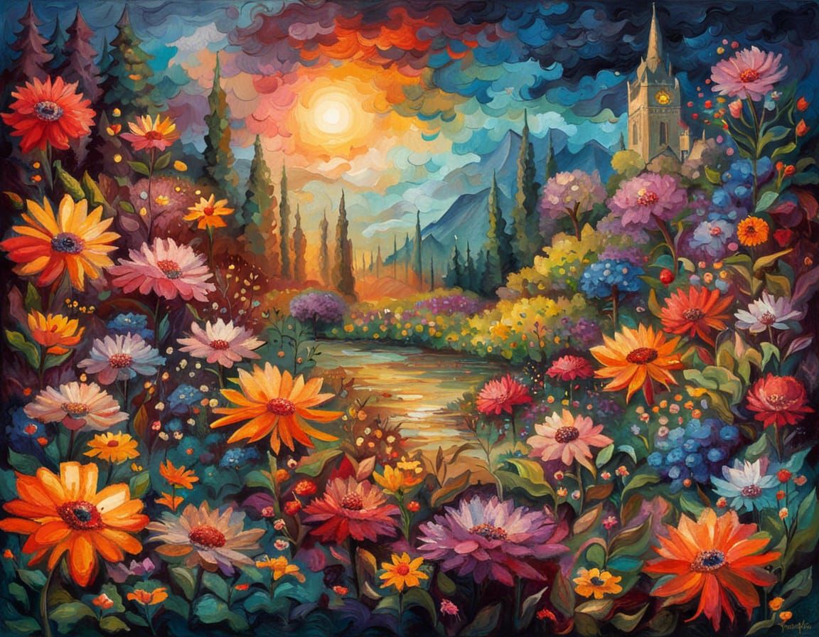 Blooming Floral Garden in Neo-Impressionist Style