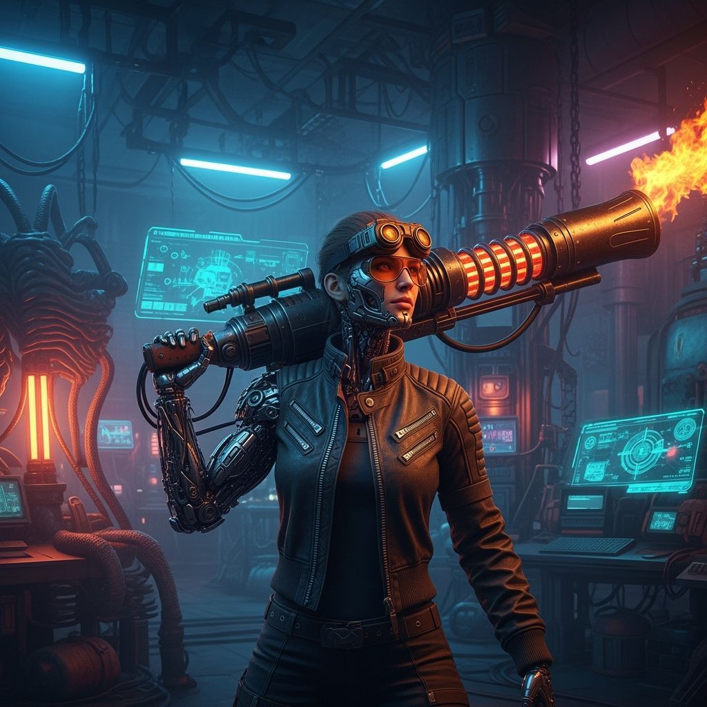 Cyborg Flamethrower in Dystopian Lab