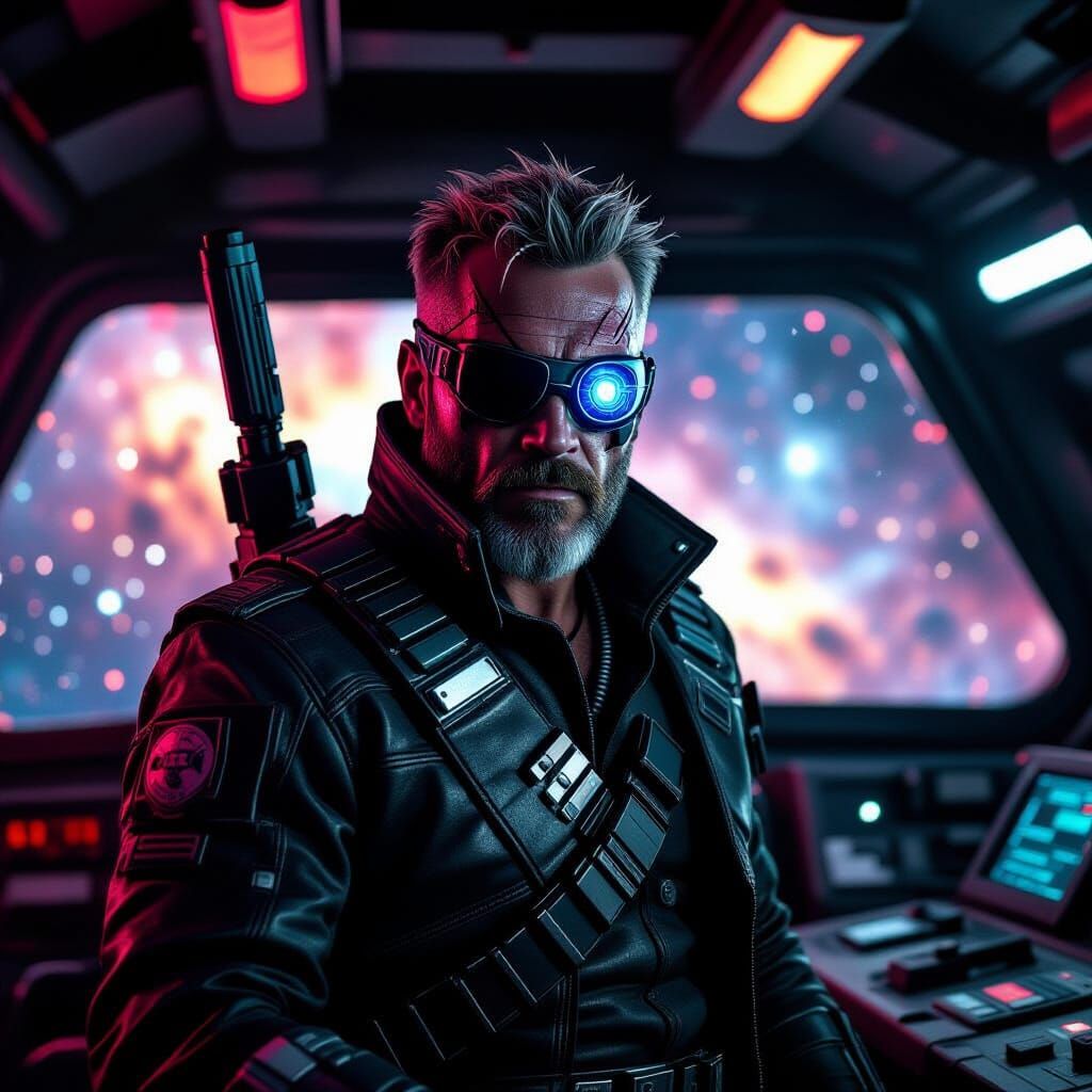 Space Pirate on Starship Bridge with Nebula View