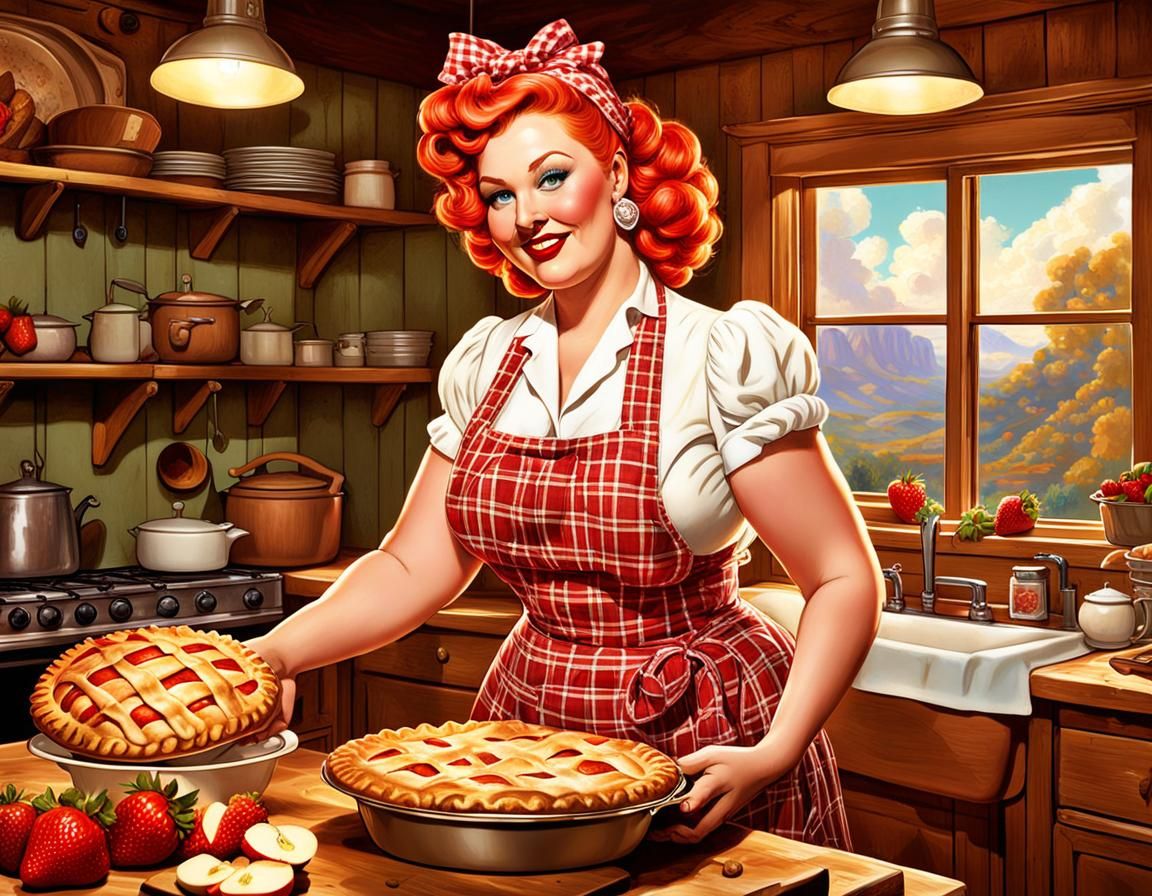 Curvy Pinup Woman Baking Apple Pie