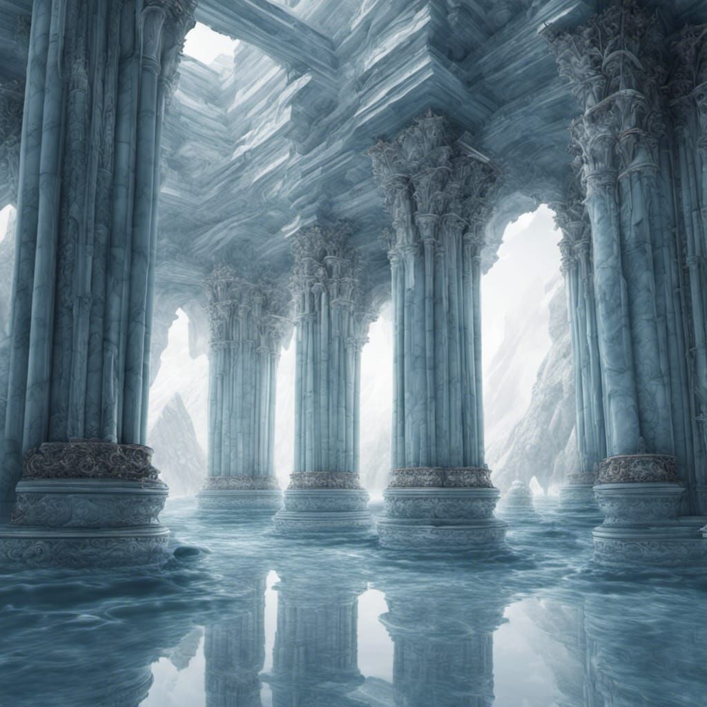 Icy Blue Marble Castle Halls: A Digital Painting