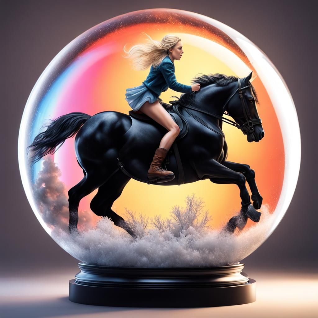 Girl on Black Horse in Spring Snow Globe