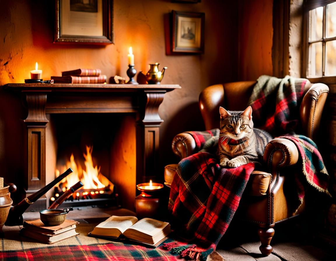 Cozy Rustic Interior with Fireplace and Sleeping Cat