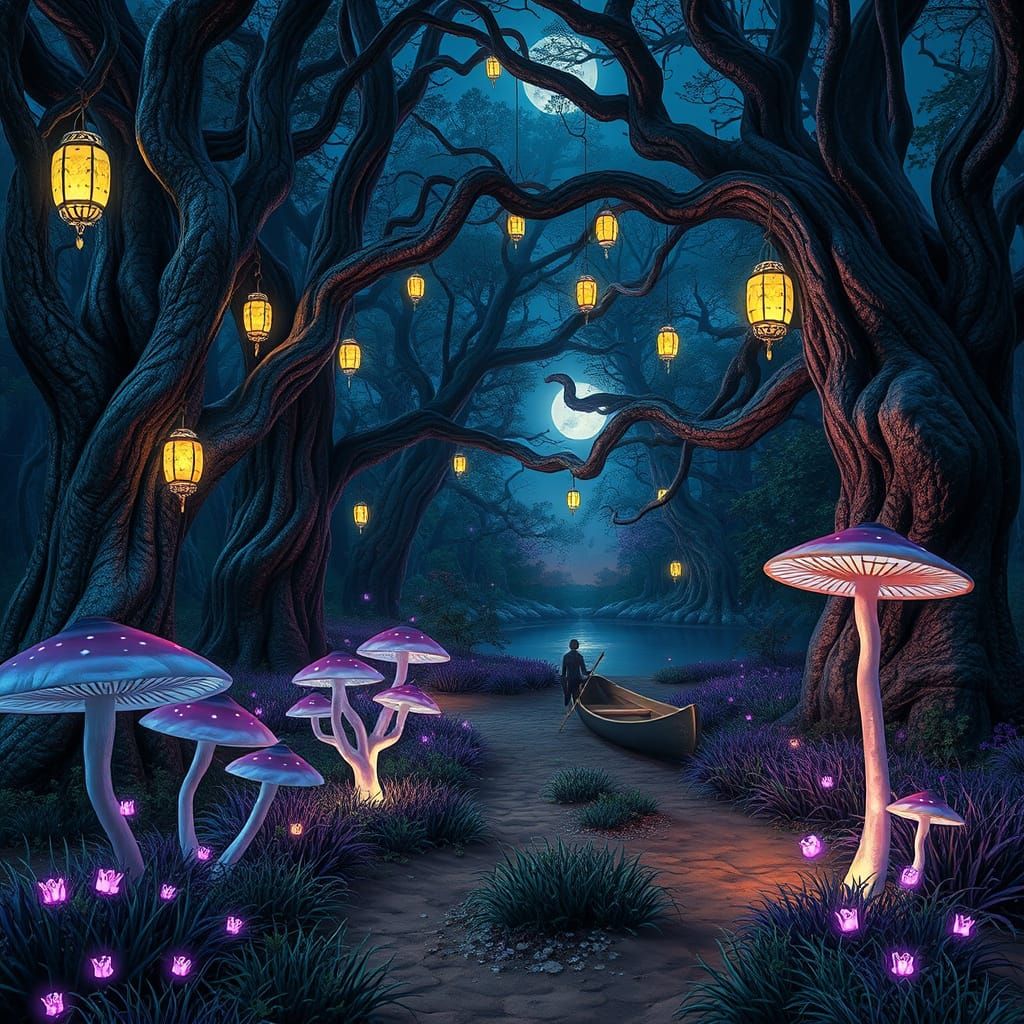 Whimsical Nighttime Forest with Luminescent Wonders