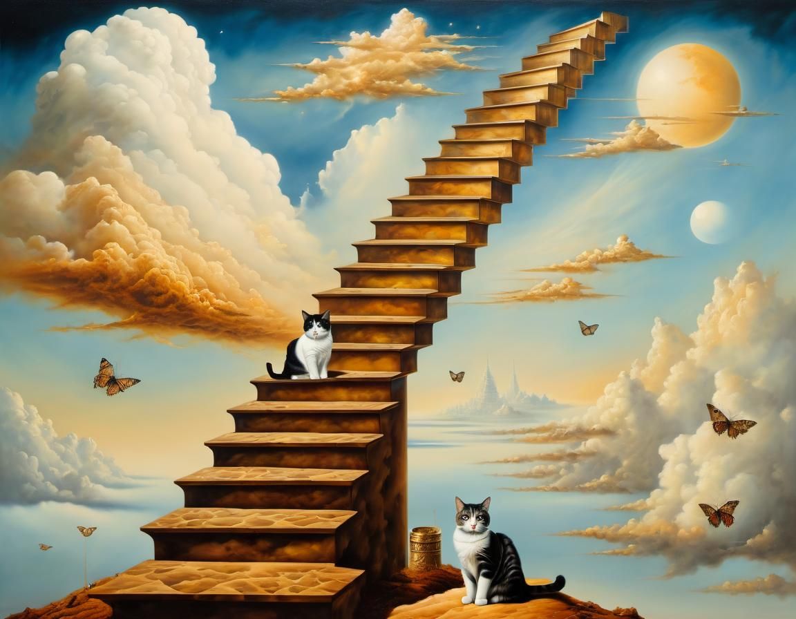 Surreal Cat Ascends Stairway to Heaven