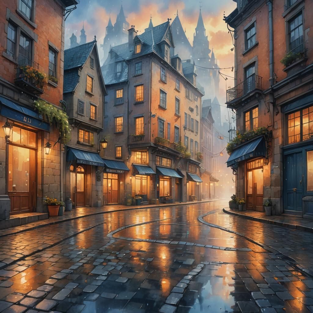 Cobblestone Avenue at Dawn in Watercolor Style