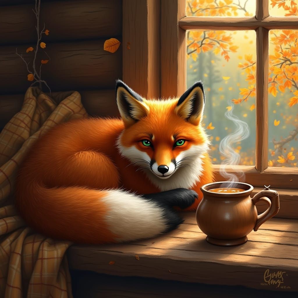 Cozy Fox by the Fireplace in Warm Autumn Hues