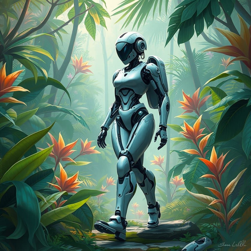 Futuristic Robot in Ethereal Rainforest