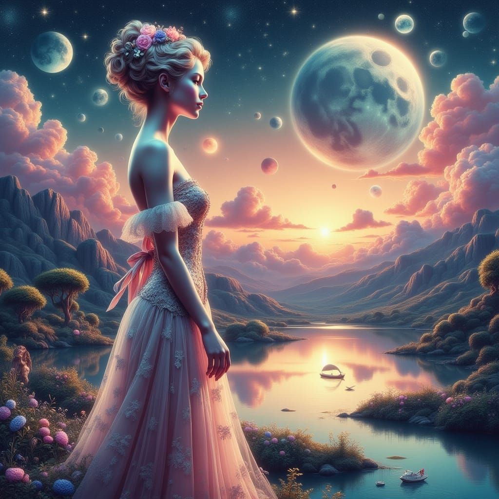 Glowing Celestial Goddess in Dreamlike Landscape