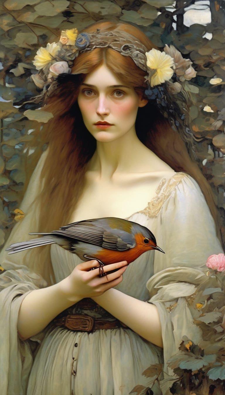 Robin on Hand in Withered Garden: Pre-Raphaelite Style