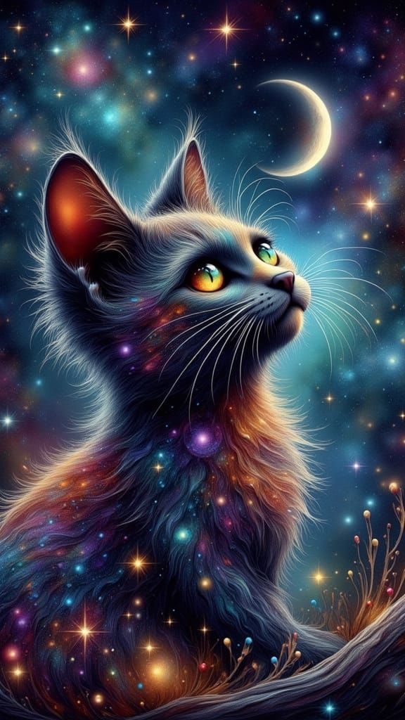 Cosmic Cat with Nebula Fur and Moon