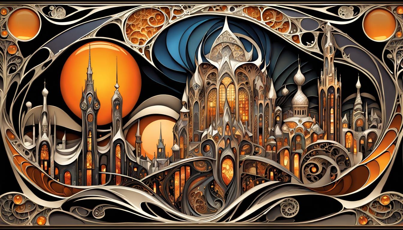 Art Nouveau Obsidian Cityscape in Klimt Style