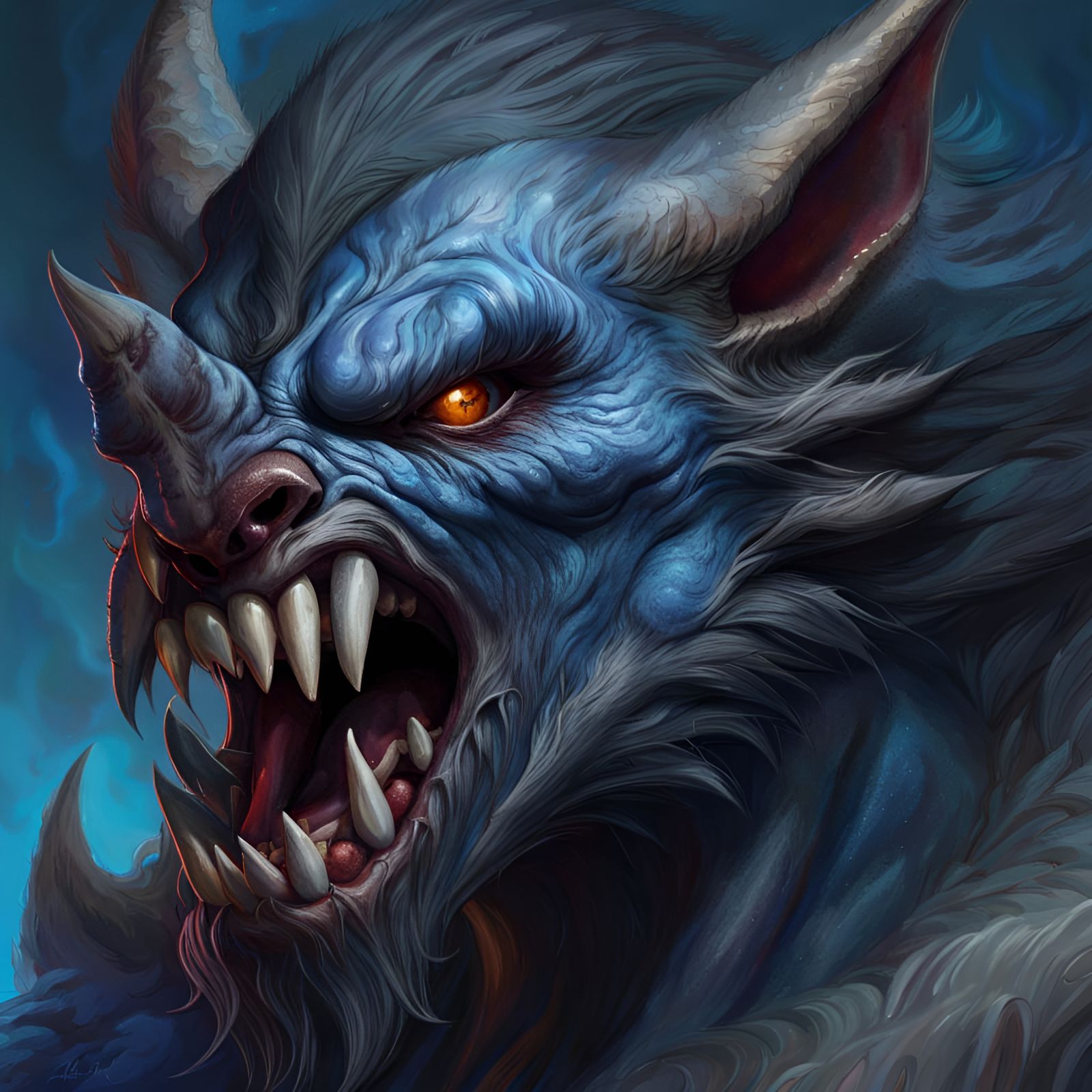 Hyperrealistic Demon Werewolf with Horn in Splash Art