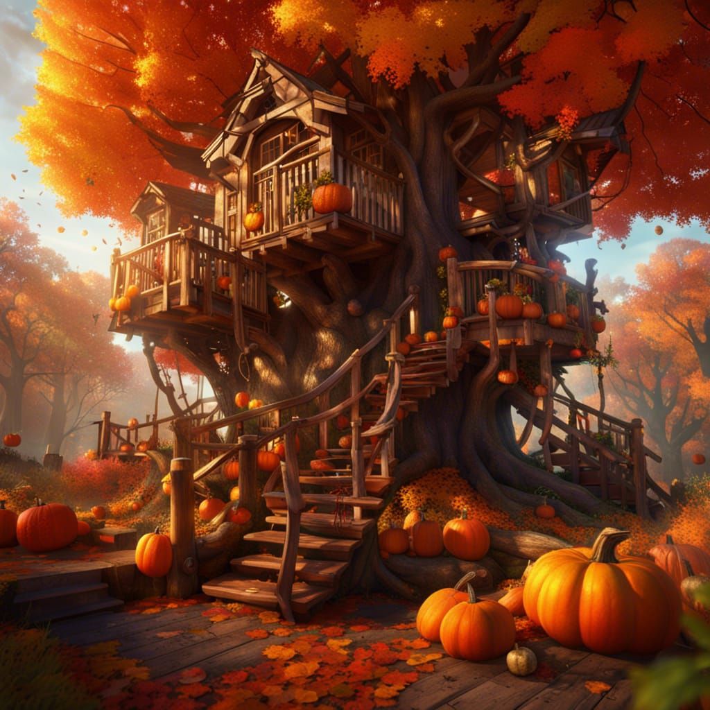 Autumnal Treehouse with Pumpkins: Fantasy Concept Art