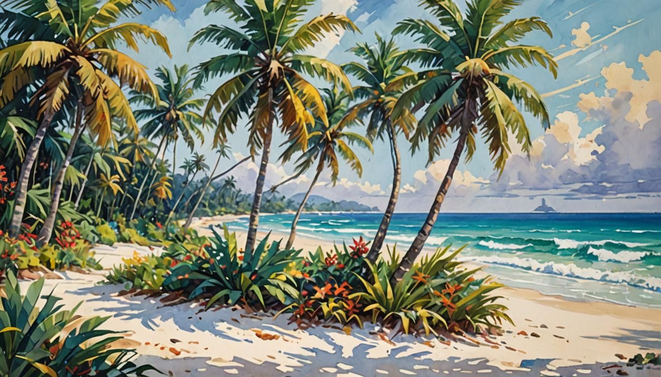 Tropical Seashore in Impressionist Gouache Style