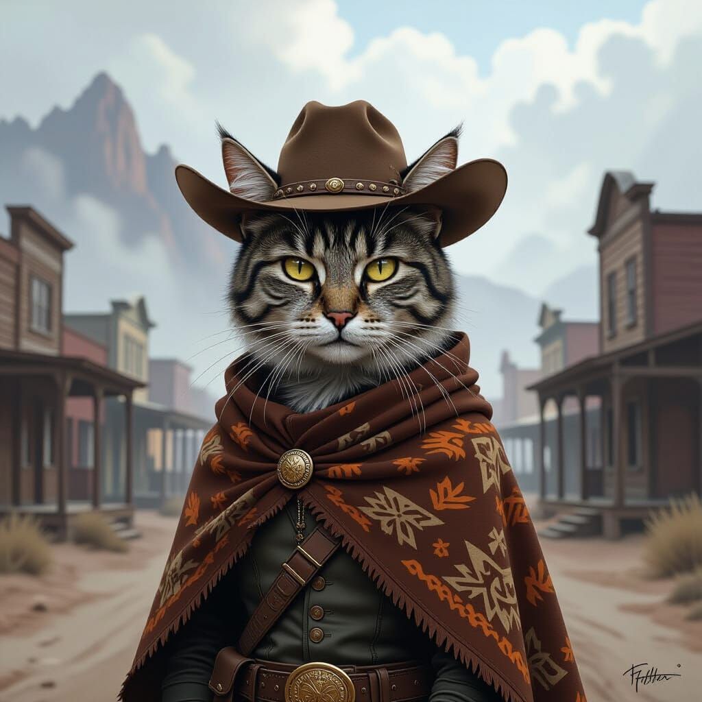 Stoic Cat Cowboy in Western Town