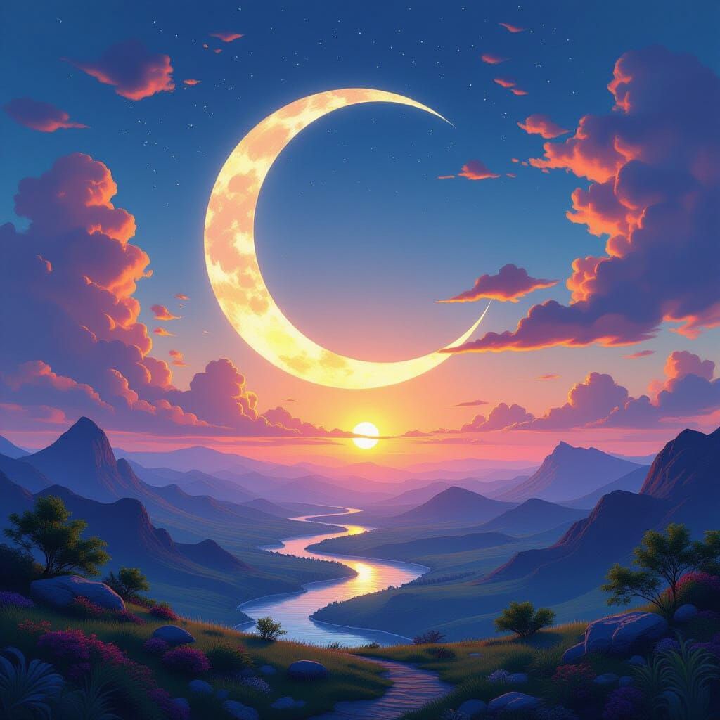 Fantastical Sky: Sun and Moon Rest in Colorful Landscape
