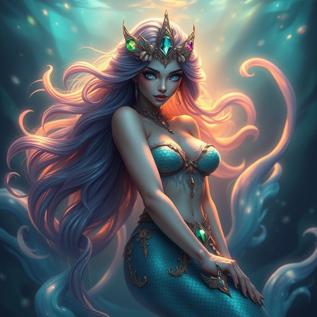 Enchanted Mermaid Goddess in Iridescent Hues and Oceanic Jew...