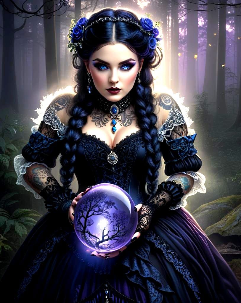 Curvaceous Woman in Victorian Dress in Misty Forest