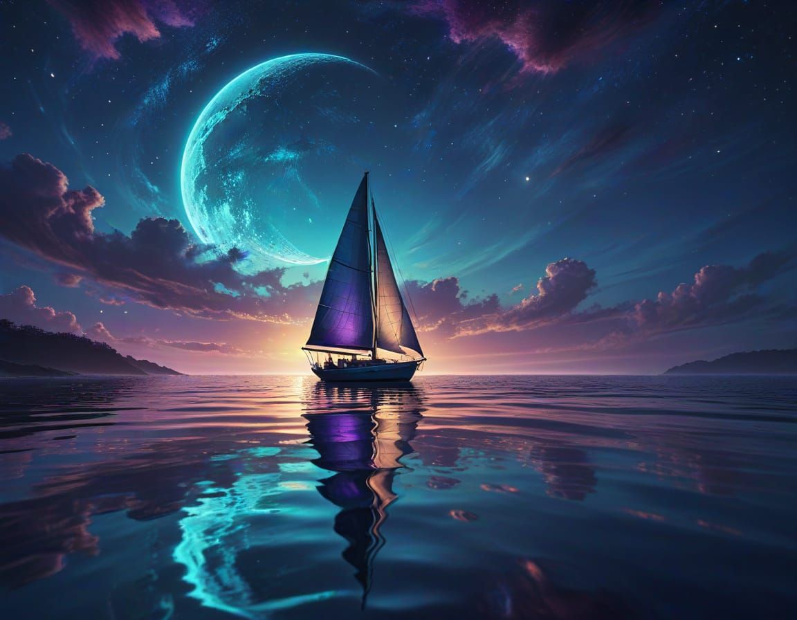 Sailboat on Bioluminescent Sea: Surreal Digital Art