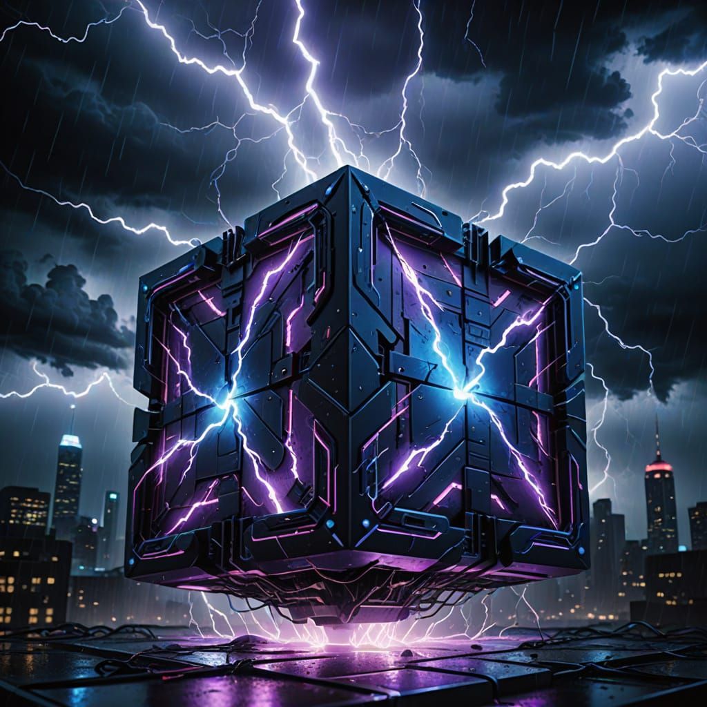 Electric Storm Cube in a Futuristic Cityscape