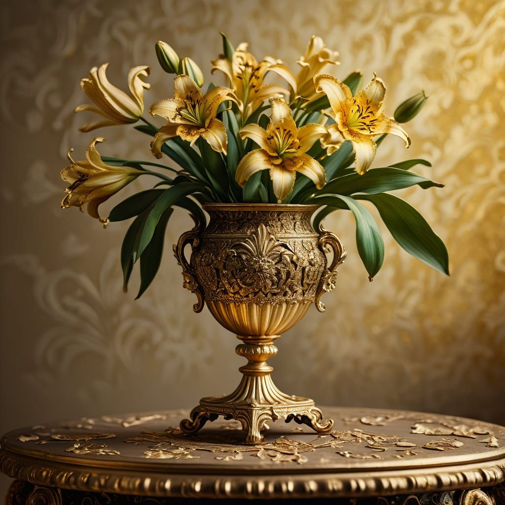 Baroque still life. Close up. A gilded lily in a vase on a o...