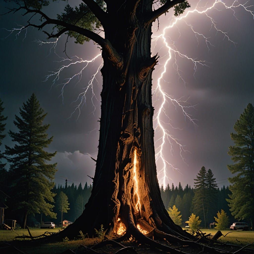 Majestic Tree Ignited by Electrifying Lightning Bolt