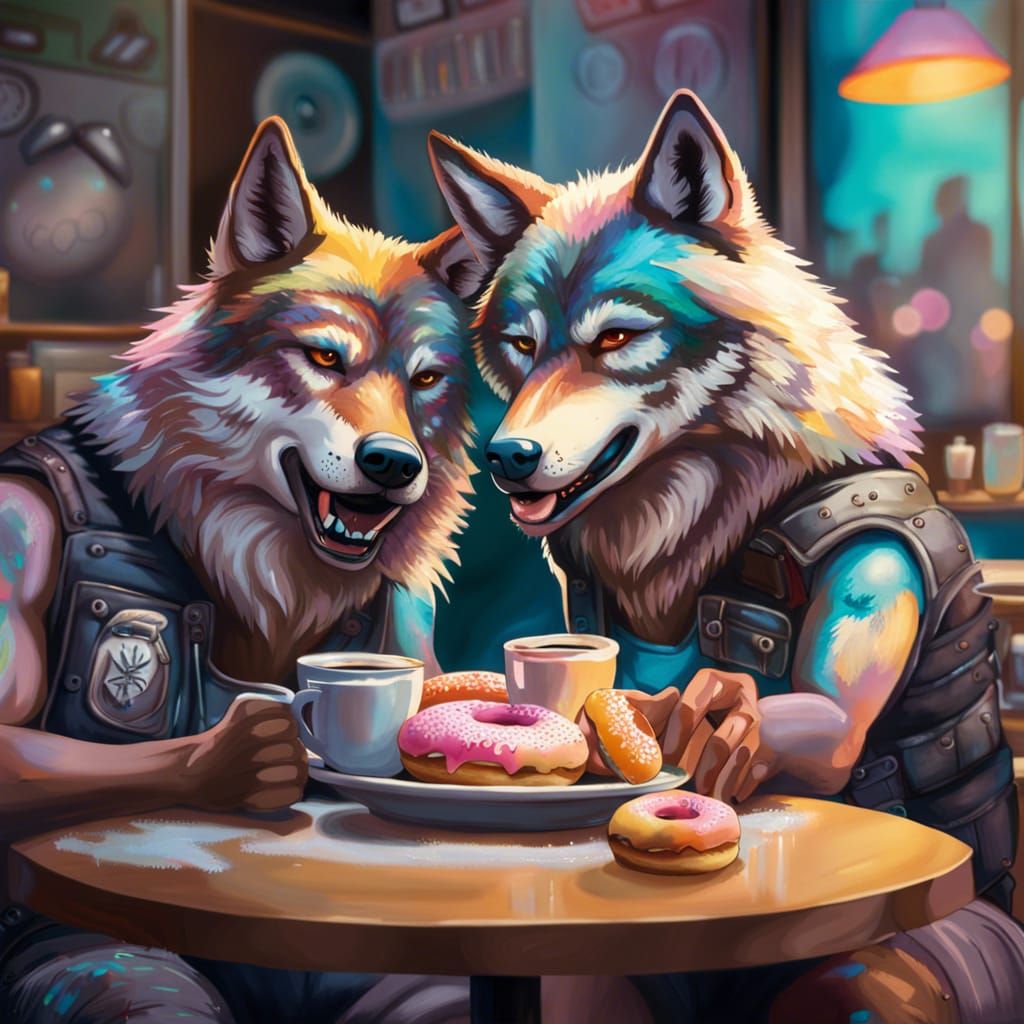 Romantic Wolves Enjoying Coffee: Hyperrealistic Concept Art