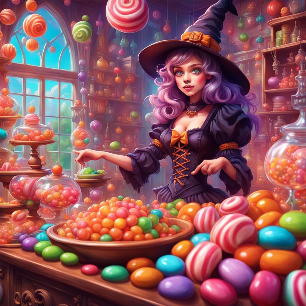Delightful Witches in Magical Home: Candy Art Style