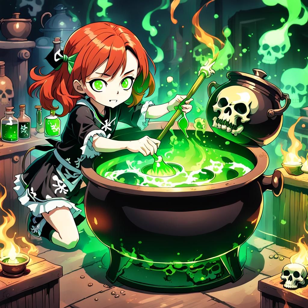 Girl Brews Potion in Manga Style with Cinematic Lighting