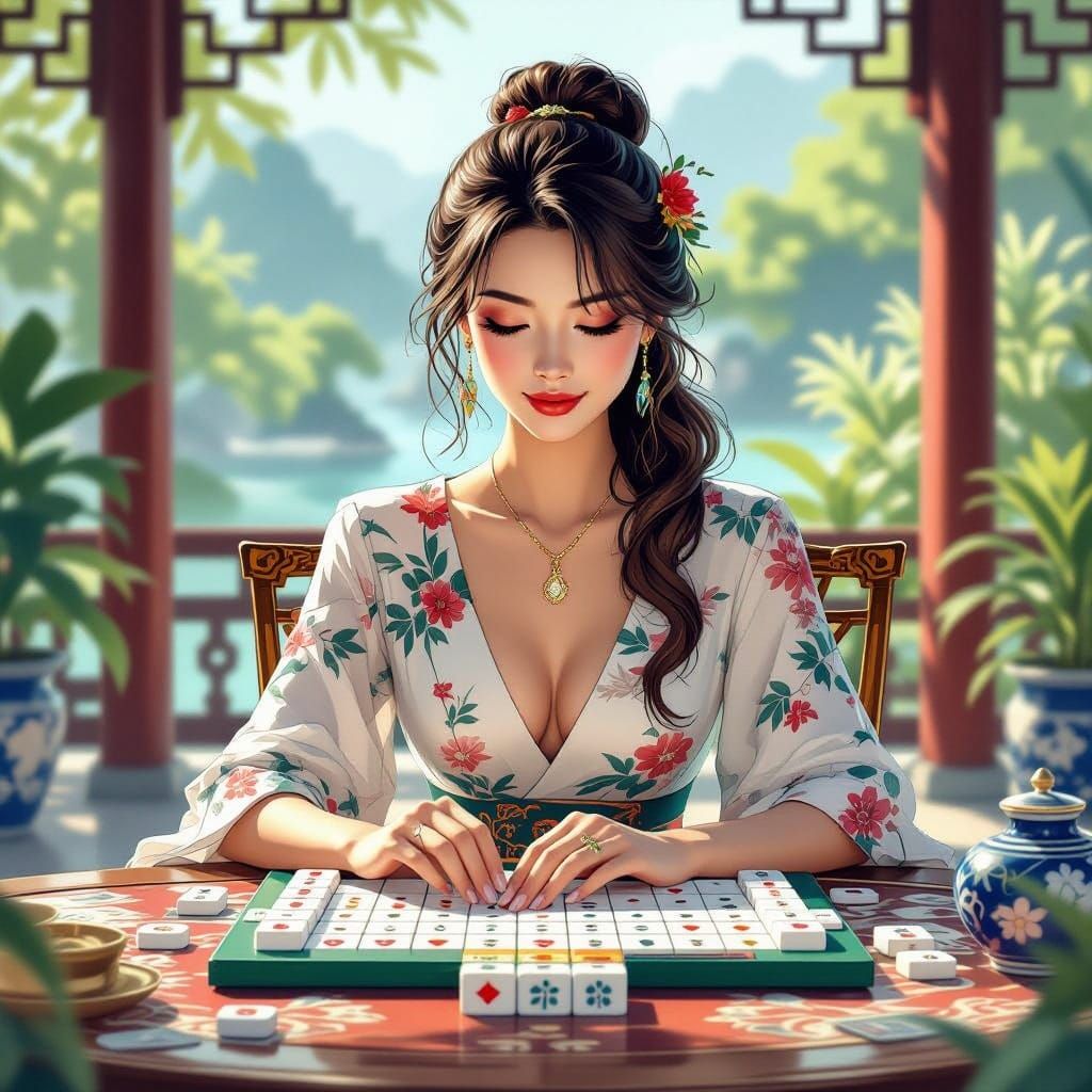 Elegant Woman Plays Mahjong in a Serene Asian-Inspired Setti...