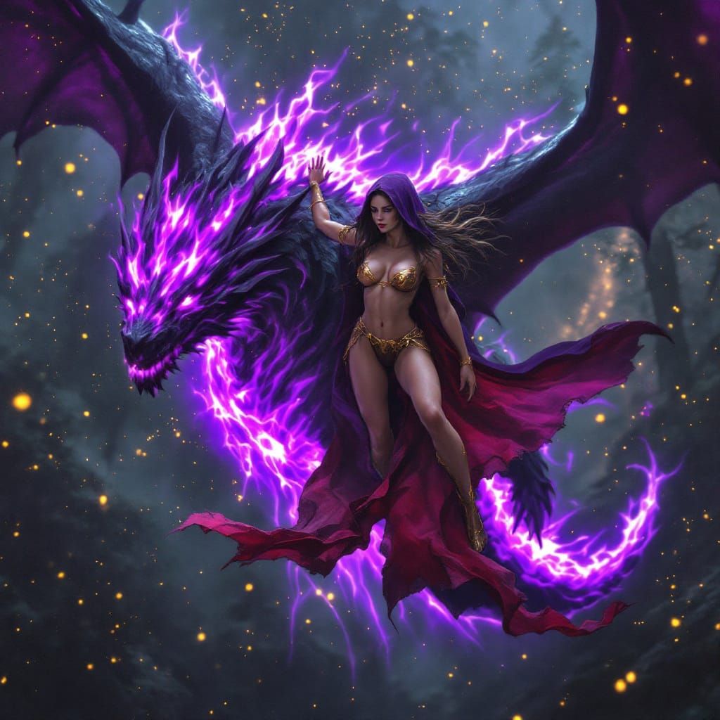 Beautiful Fae Warrior Rides Glowing Shadow Dragon