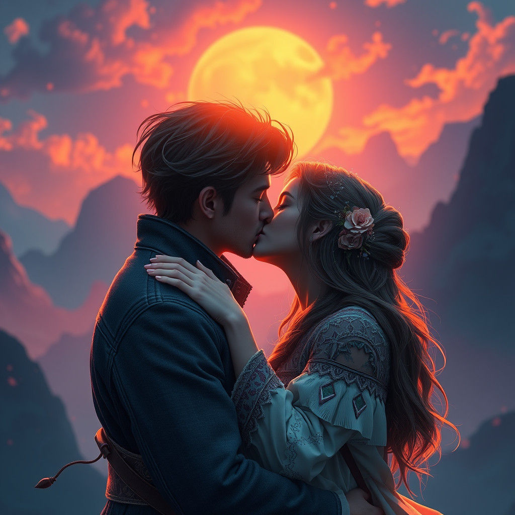 Fantasy Couple Kissing in Magical Landscape