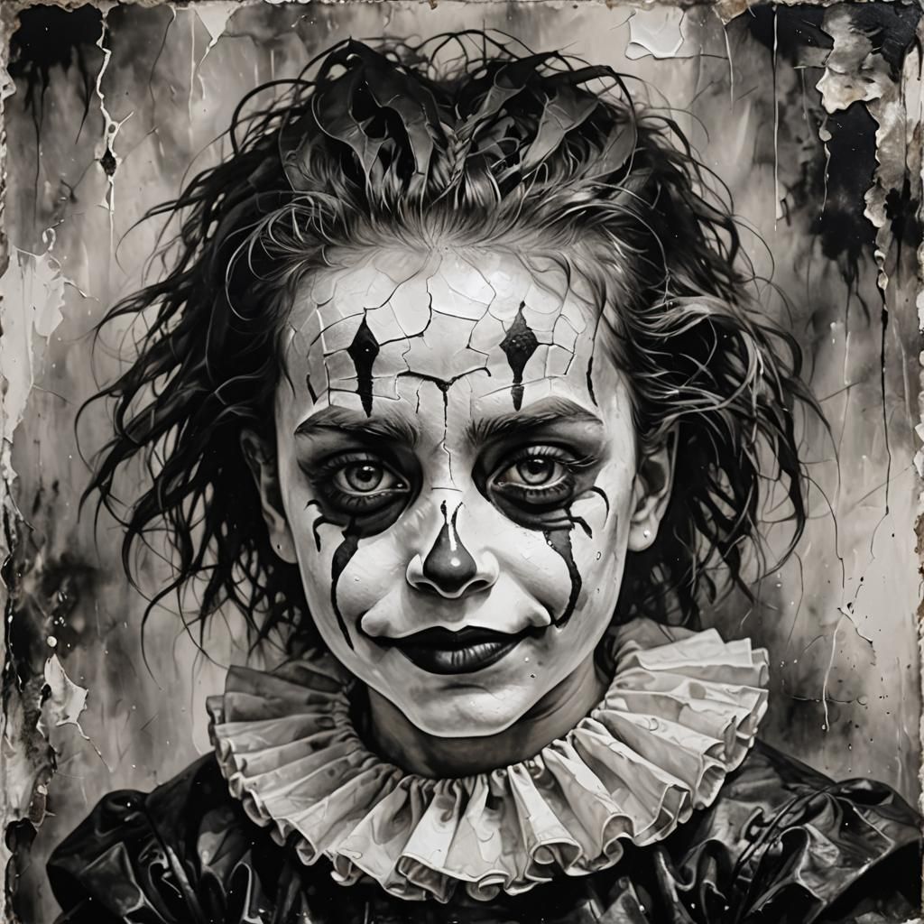 Sad Harlequin Mime Toddler Portrait in Expressionist Style