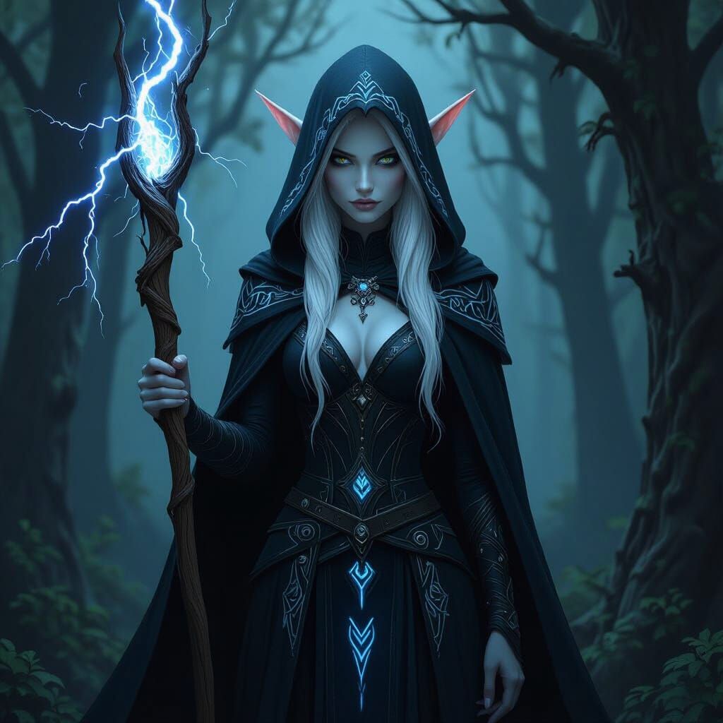 Elf Sorceress in Dark Forest with Runic Cape