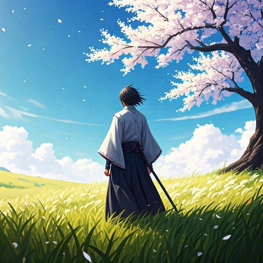 Swordsman in Front of Majestic Sakura Tree in a Vast Field