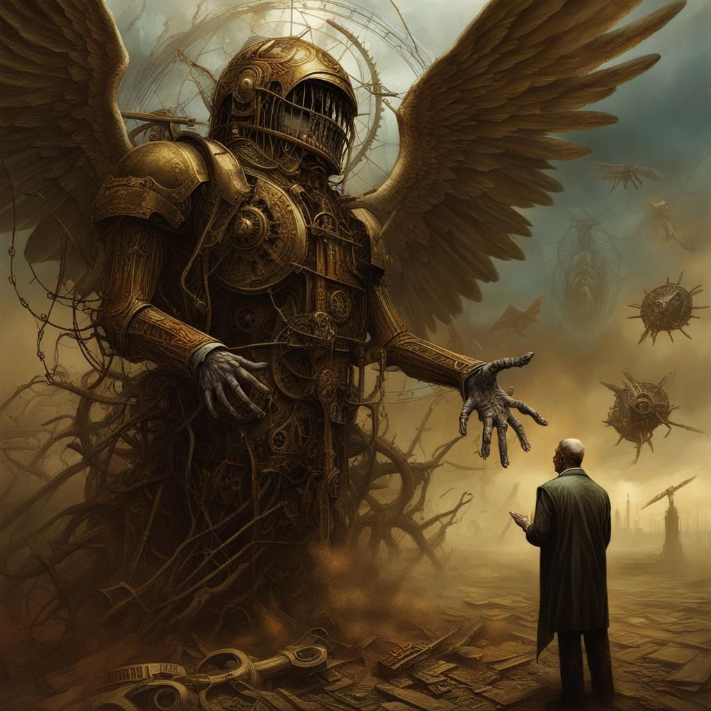 Clockwork Angels Punish Prayers: Hyperrealistic Illustration