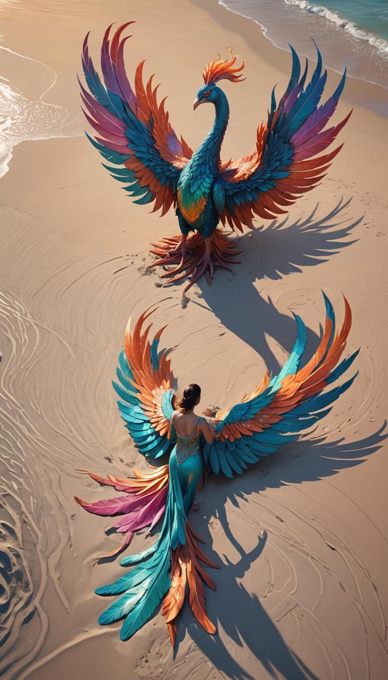 Woman and Phoenix on Beach, Rutkowski-Inspired Art